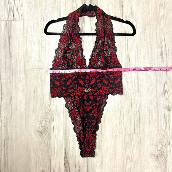 Vintage Y2K Fredericks of Hollywood red black low cut lace teddy sz L stretchy - Picture 10 of 15